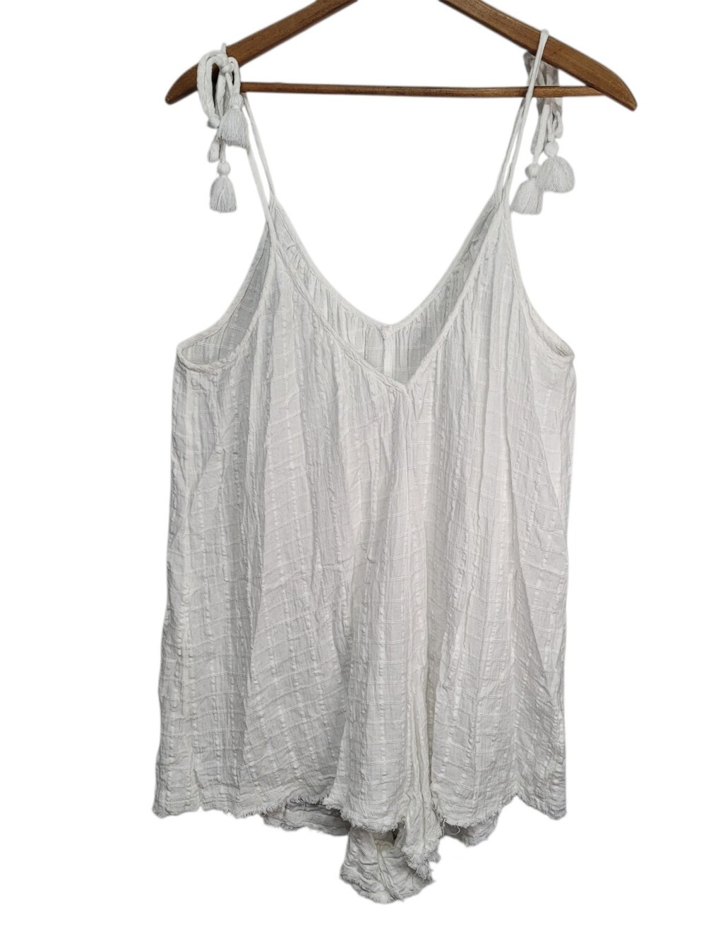 Aerie White Linen Blend Romper XL Tassel Tie Swim Coverup Cottagecore Beachy - Picture 2 of 13